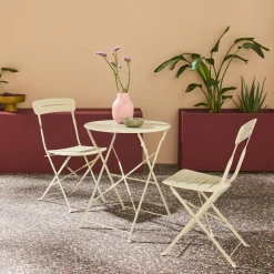 Round bistro garden table, steel, folding + 2 chairs