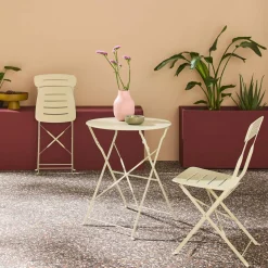 Round bistro garden table, steel, folding + 2 chairs