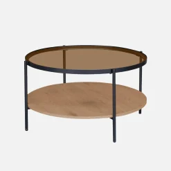 Round coffee table with double glass top, wood decor and metal