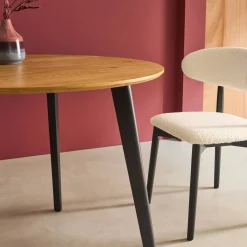 Round dining table wood effect black metal legs 4-seater