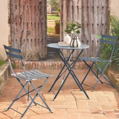 Round folding metal bistro garden table with 2 chairs