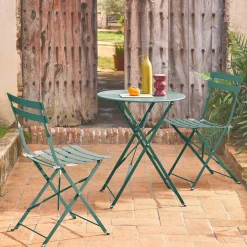 Round folding metal bistro garden table with 2 chairs