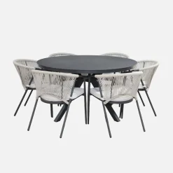 Round garden table aluminium and glass + 6 armchairs