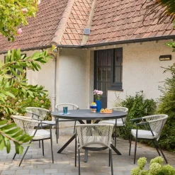 Round garden table aluminium and glass + 6 armchairs