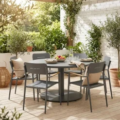 Round garden table aluminium + 6 armchairs