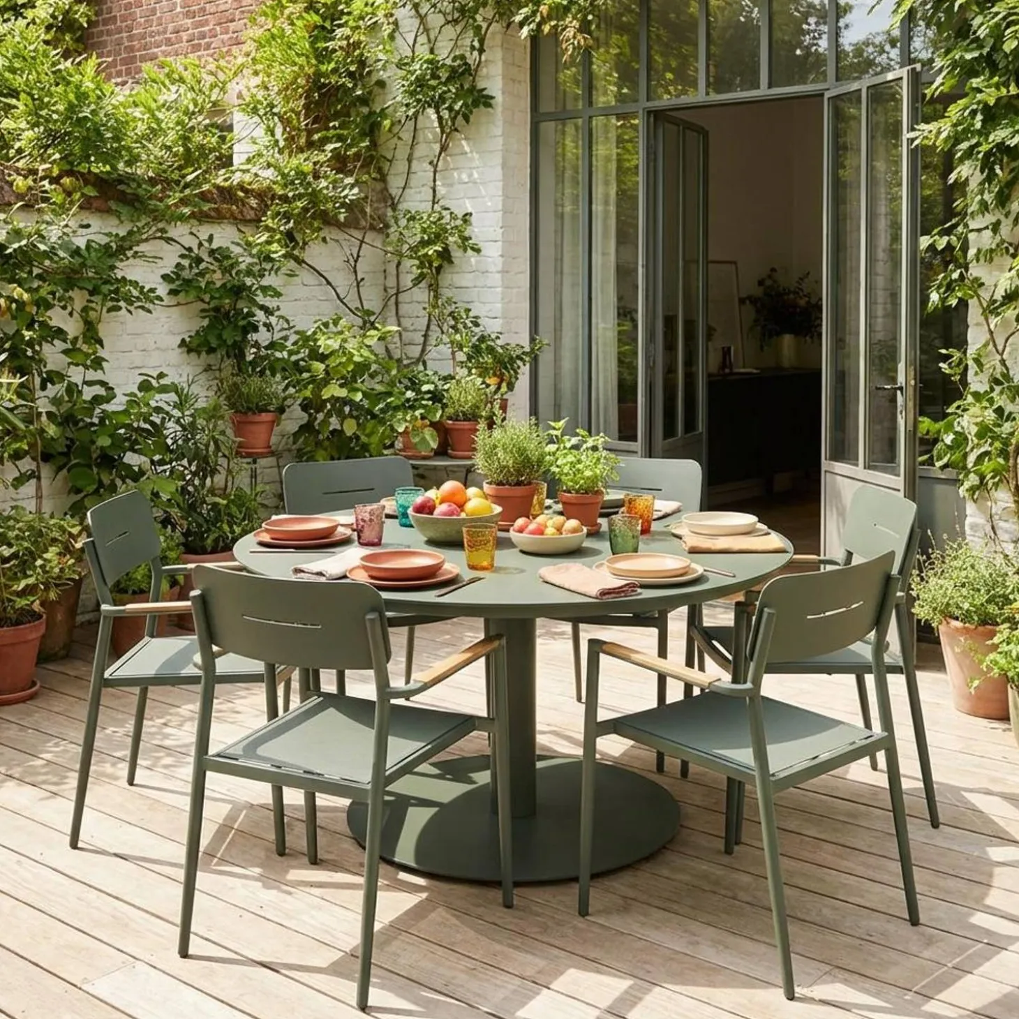 Round garden table aluminium + 6 armchairs