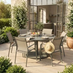 Round garden table Ø140cm aluminium + 6 chairs
