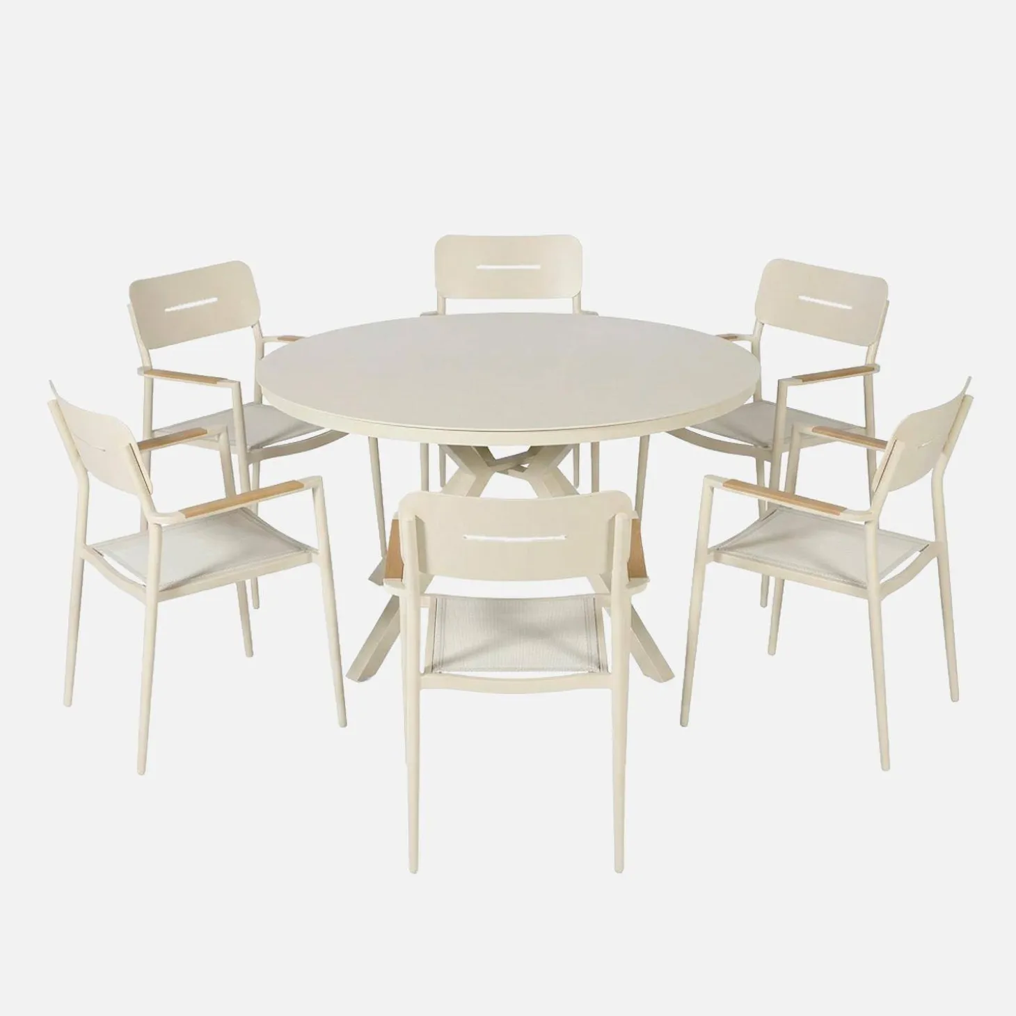Round garden table Ø140cm aluminium and glass + 6 armchairs