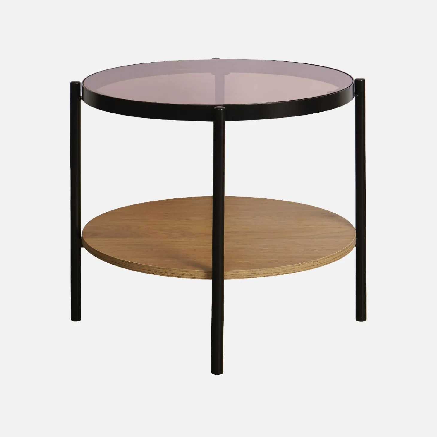 Round side table with tempered glass and wood effect