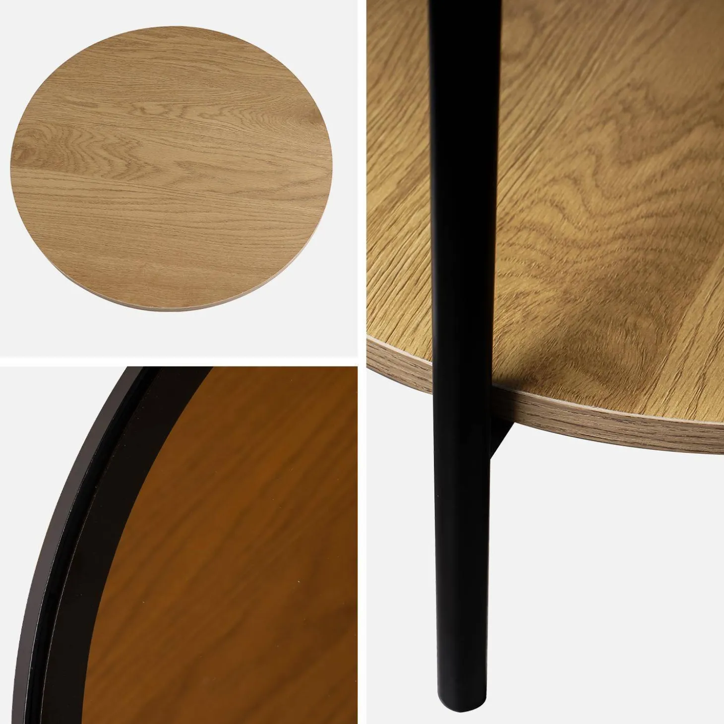 Round side table with tempered glass and wood effect