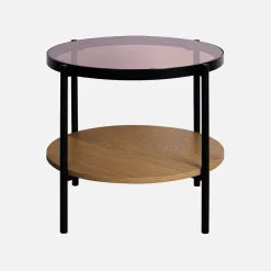 Round side table with tempered glass and wood effect