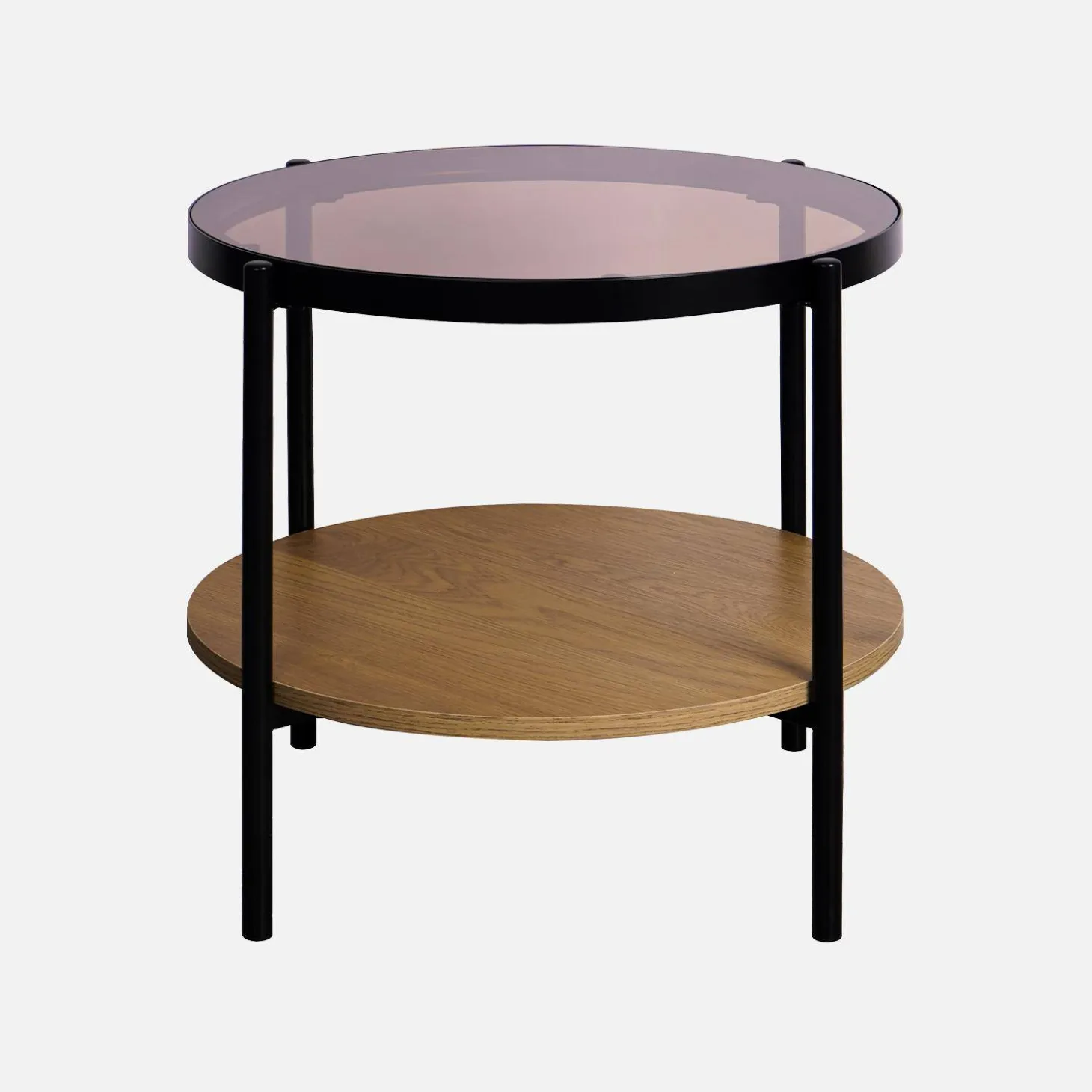 Round side table with tempered glass and wood effect