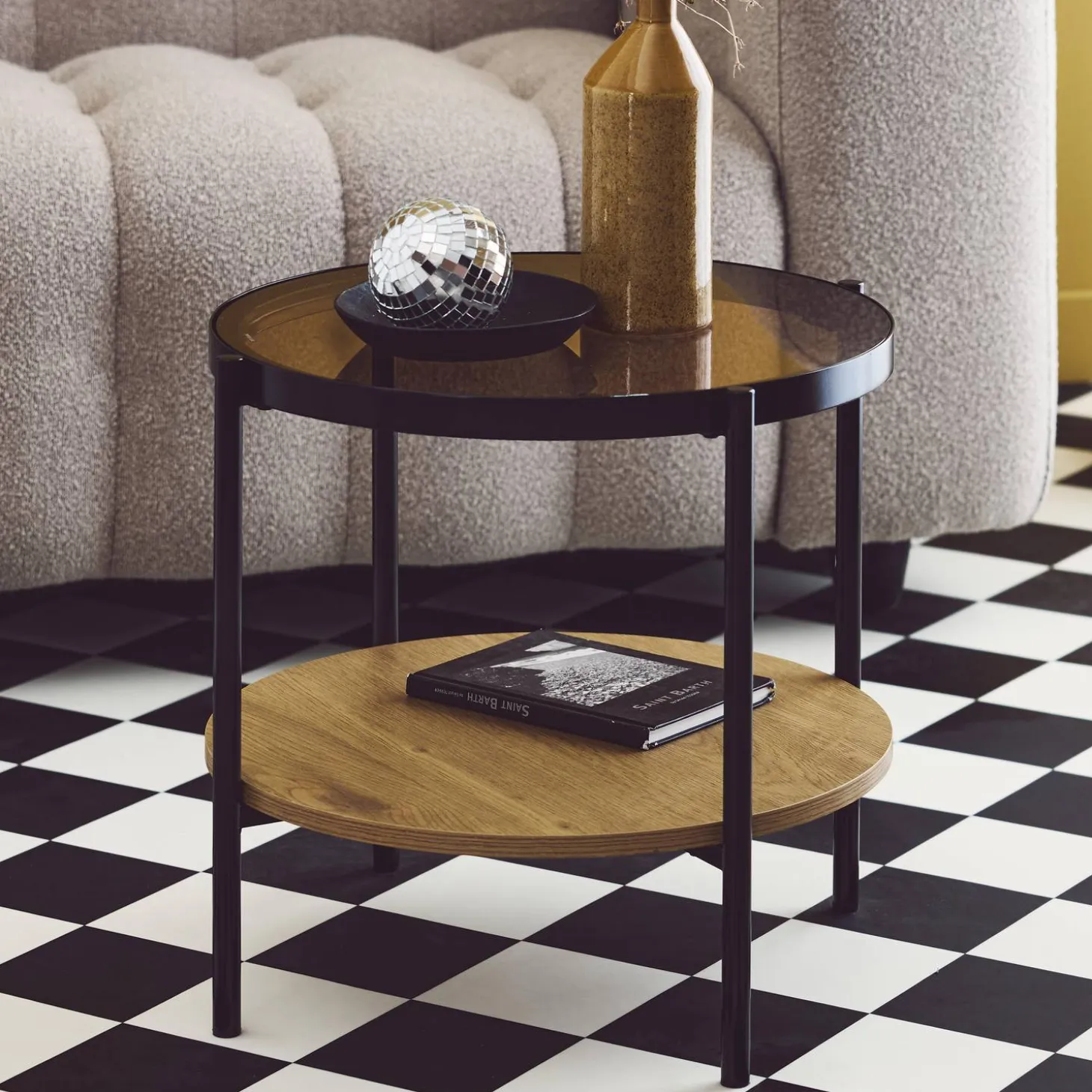 Round side table with tempered glass and wood effect