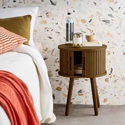 Scandinavian bedside table wood decor 2 sliding doors
