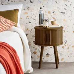 Scandinavian bedside table wood decor 2 sliding doors