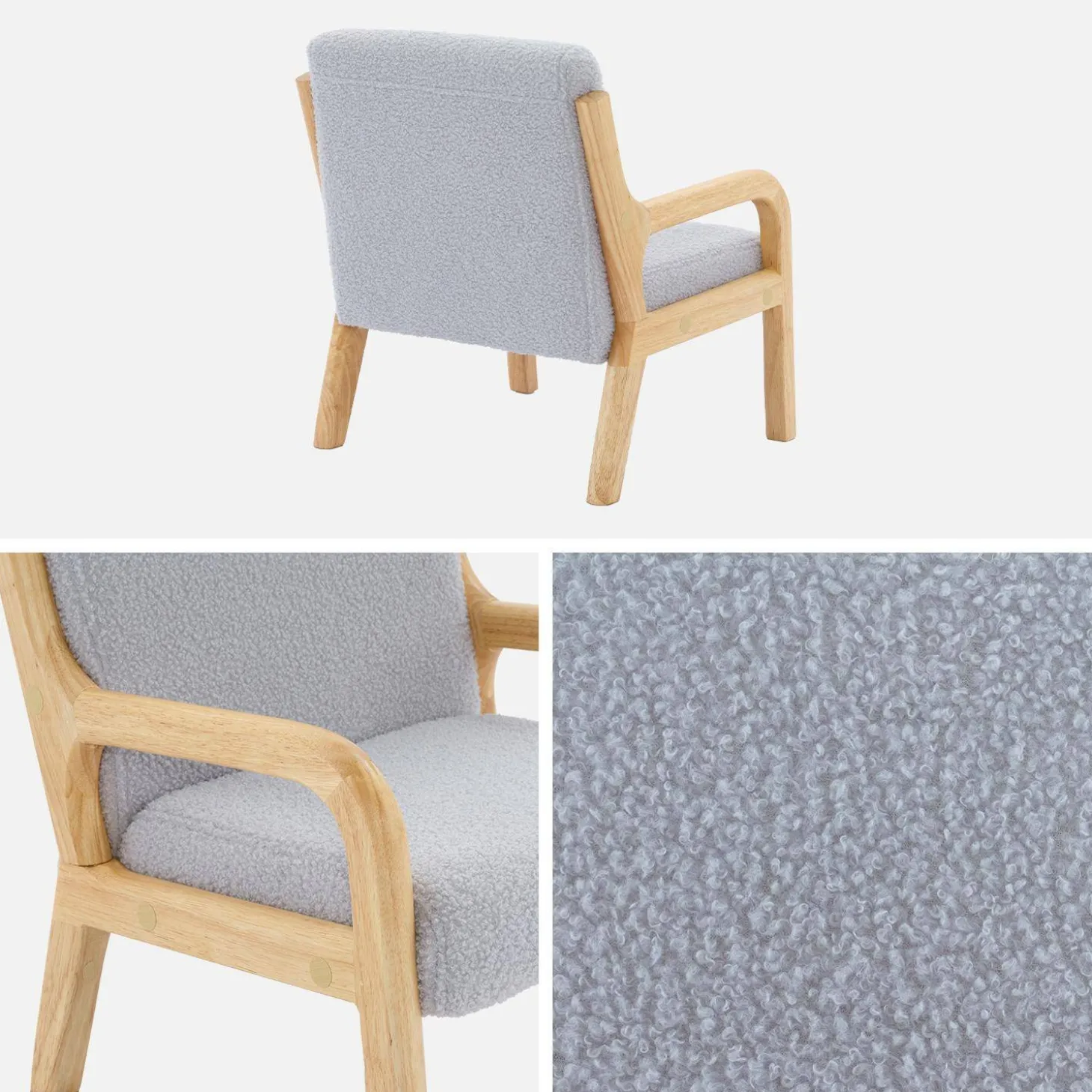 Scandinavian children's armchair in wood and bouclette fabric