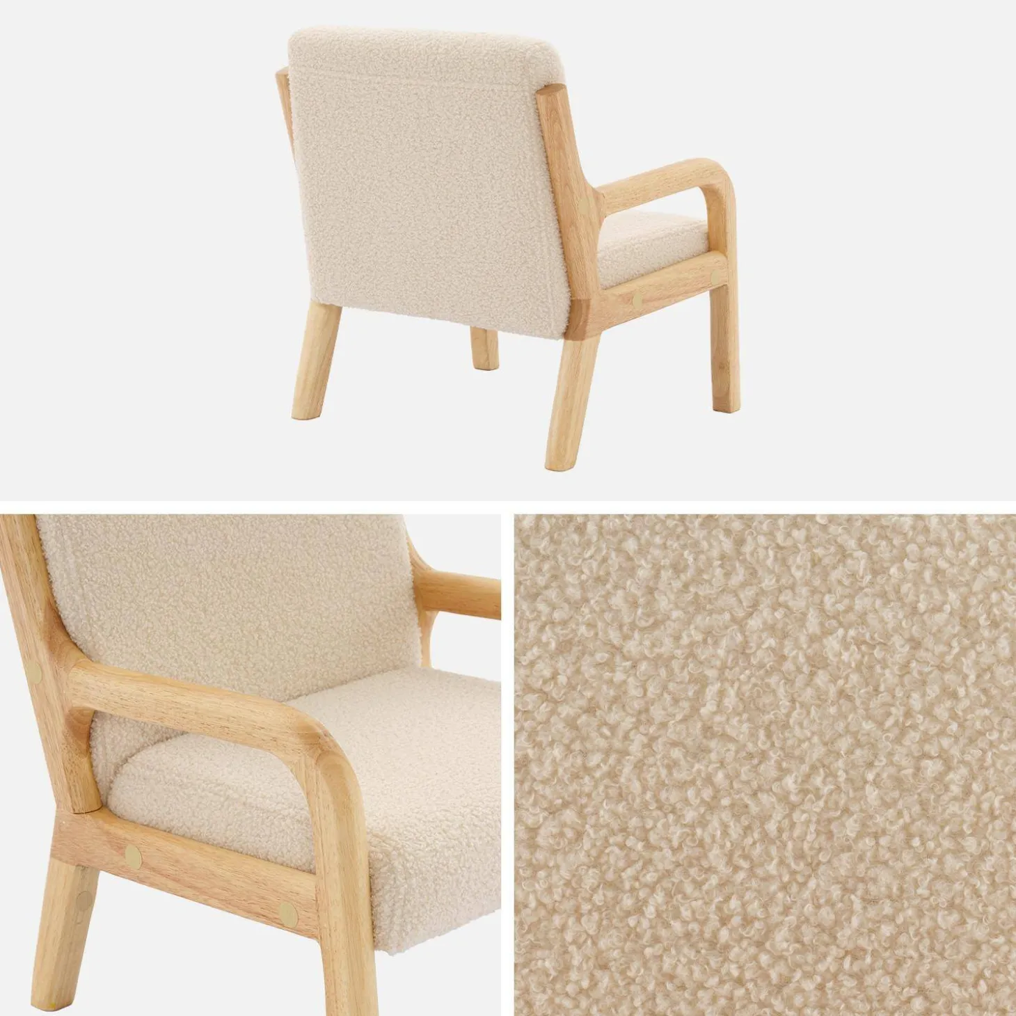 Scandinavian children's armchair in wood and bouclette fabric