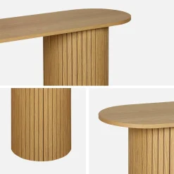 Scandinavian oval console with grooved wooden effect