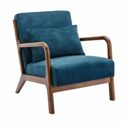 Scandi-style armchair in velvet and light walnut-stained hevea wood