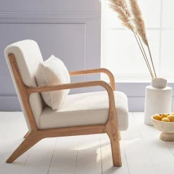 Scandi-style boucle wooden armchair with cushion
