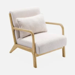 Scandi-style boucle wooden armchair with cushion