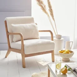 Scandi-style boucle wooden armchair with cushion