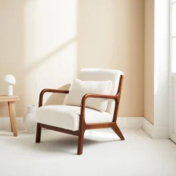 Scandi-style boucle wooden armchair with cushion