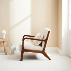 Scandi-style boucle wooden armchair with cushion
