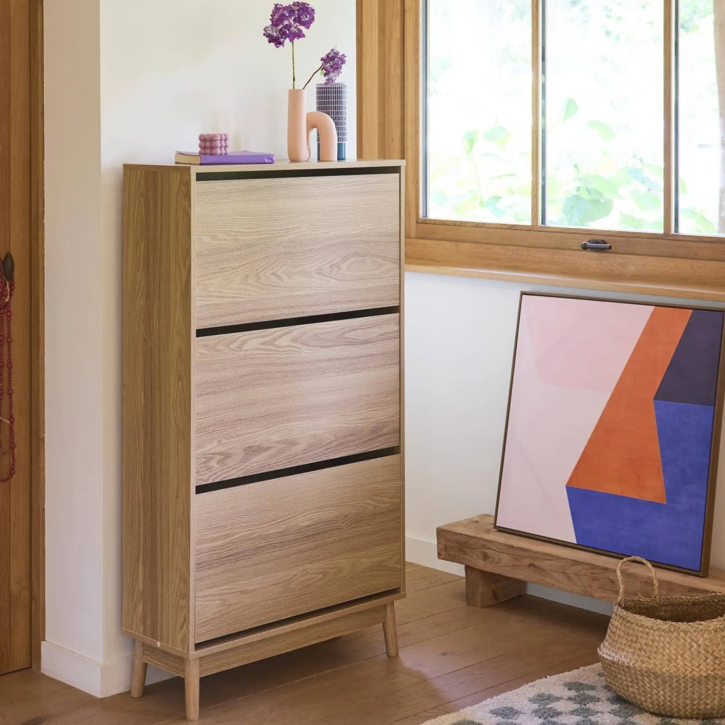 Scandi-style shoe cabinet with wood effct