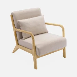 Scandi-style wooden armchair with cushion
