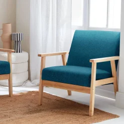 Scandi-style wood frame upholstered armchair