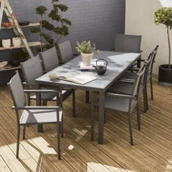 8-seater aluminium garden table with 8 textilene armchairs
