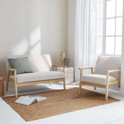 3-seater bench and armchair in wood and fabric