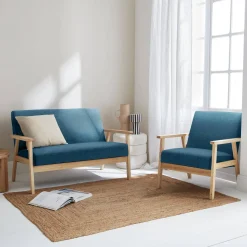 3-seater bench and armchair in wood and fabric