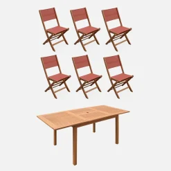 6-seater extendable wooden garden table with 6 textilene chairs