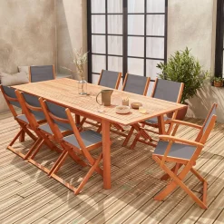 8-seater extendable wooden garden table set with 8 chairs