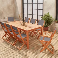 8-seater extendable wooden garden table set with 8 chairs