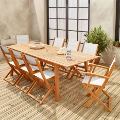 8-seater extendable wooden garden table set with 8 chairs