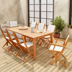8-seater extendable wooden garden table set with 8 chairs