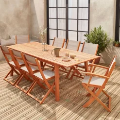 8-seater extendable wooden garden table set with 8 chairs