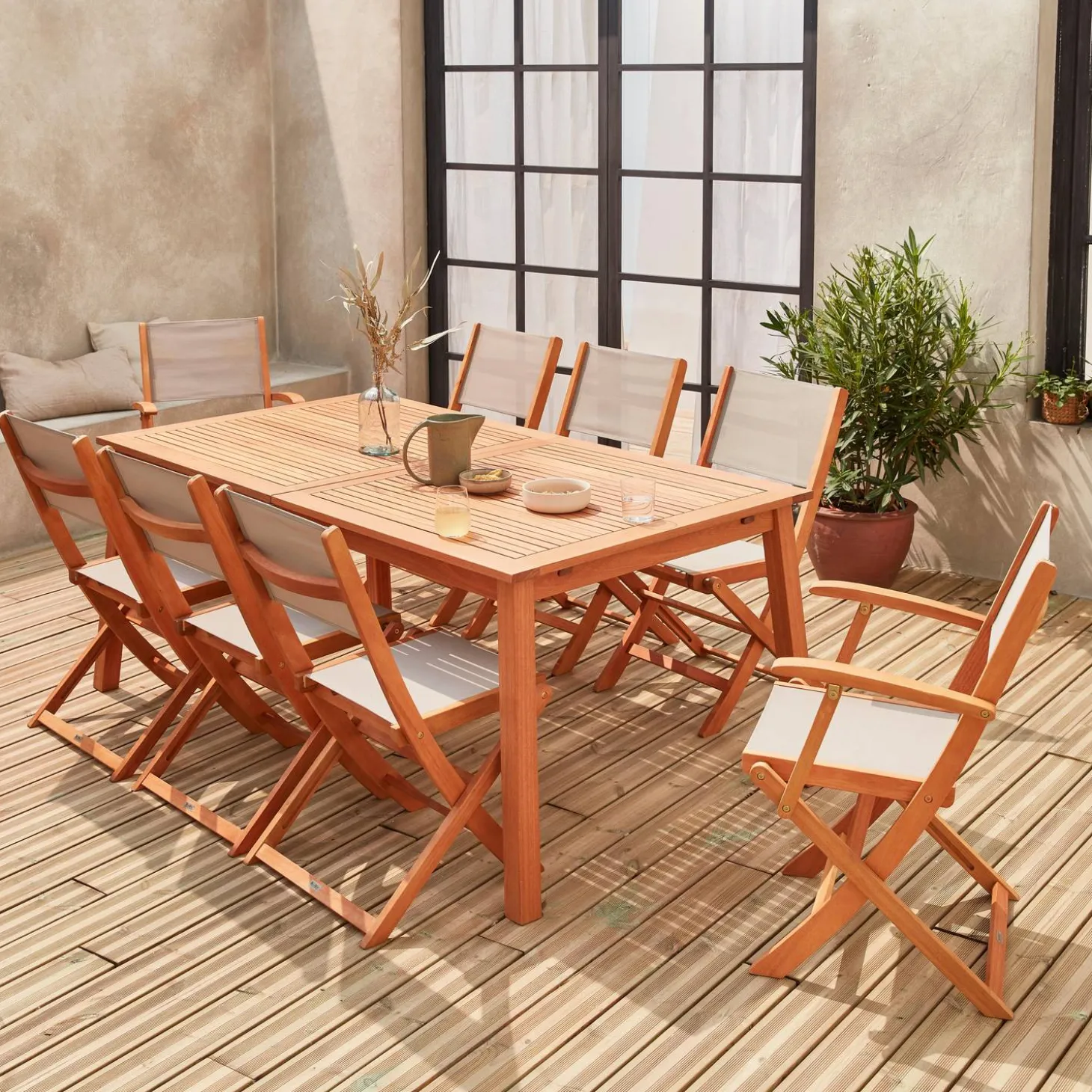 8-seater extendable wooden garden table set with 8 chairs
