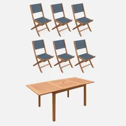 6-seater extendable wooden garden table with 6 textilene chairs