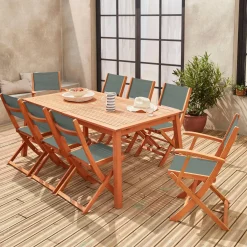 8-seater extendable wooden garden table set with 8 chairs