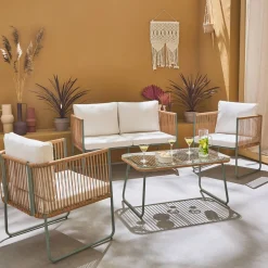 4-seater garden sofa set with plastic ropes in galvanised steel
