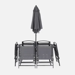 6-seater metal dining set with foldable chairs and parasol