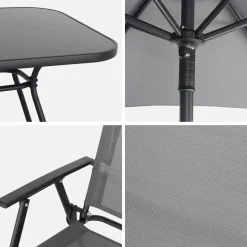 6-seater metal dining set with foldable chairs and parasol