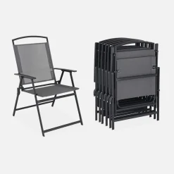 6-seater metal dining set with foldable chairs and parasol
