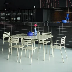 6-seater metal garden table with 2 armchairs and 4 chairs