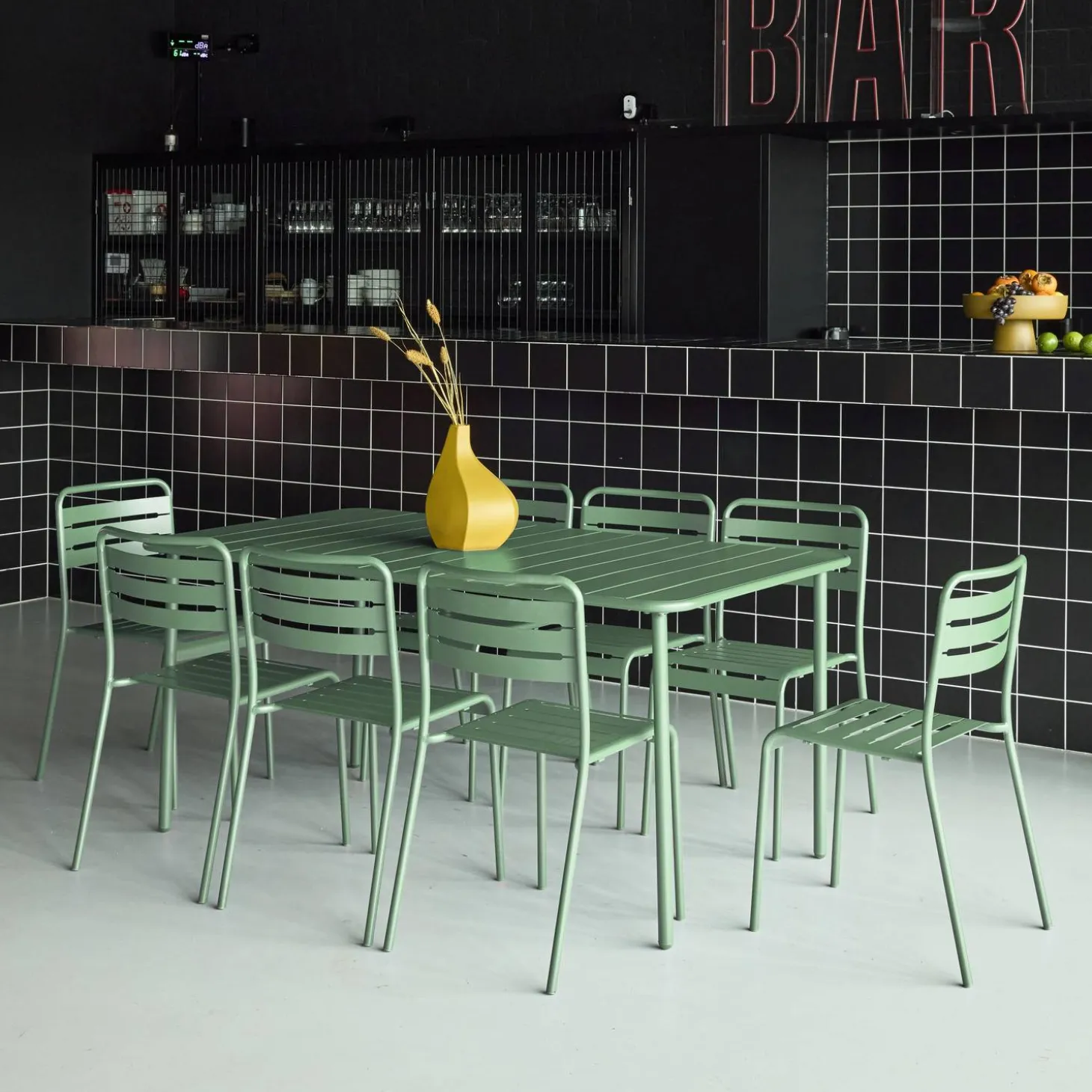 8-seater metal garden table with 8 chairs