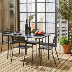 4-seater rectangular steel garden table with 4 chairs